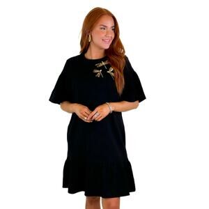 Exquise Alexandra K. Dress sz large black with gold sequins dragonflies new $250